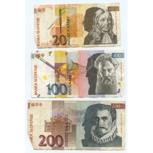 Słowenia, 20, 100, 200, 500 oraz 1000 tolarjev (1992-1997), zestaw 6 sztuk banknotów