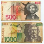 Słowenia, 20, 100, 200, 500 oraz 1000 tolarjev (1992-1997), zestaw 6 sztuk banknotów