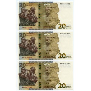 III RP, set 3 banknotów, 20 złotych 2022, Ochrona polskiej granicy wschodniej, numery seryjne RP0004996, RP0004997, RP0004998
