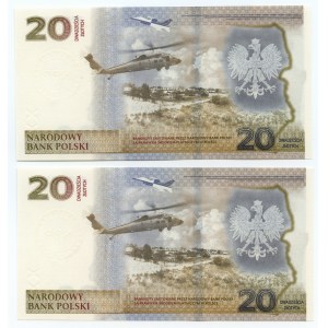 III RP, set 2 banknotów, 20 złotych 2022, Ochrona polskiej granicy wschodniej, numery seryjne PO KOLEI