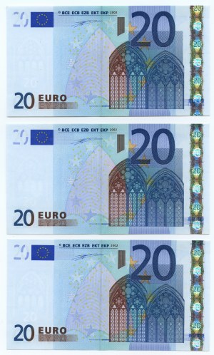 France, set of 3 banknotes, 20 euro 2002. series X