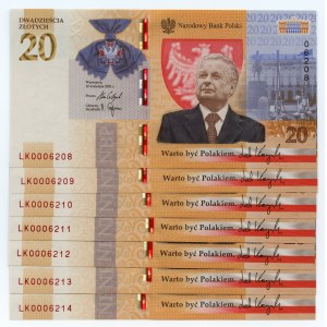 III RP, set 7 banknotów, 20 złotych 2021, Lech Kaczyński, numery PO KOLEI