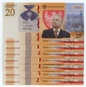 Third Republic, set of 7 banknotes, 20 zloty 2021, Lech Kaczynski, numbers AFTER THE RAILWAY