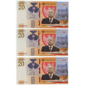III RP, set 7 banknotów, 20 złotych 2021, Lech Kaczyński, numery PO KOLEI