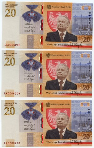 Third Republic, set of 7 banknotes, 20 zloty 2021, Lech Kaczynski, numbers AFTER THE RAILWAY