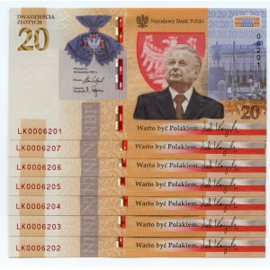 III RP, set 7 banknotów, 20 złotych 2021, Lech Kaczyński, numery PO KOLEI