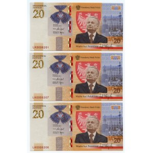 III RP, set 7 banknotów, 20 złotych 2021, Lech Kaczyński, numery PO KOLEI