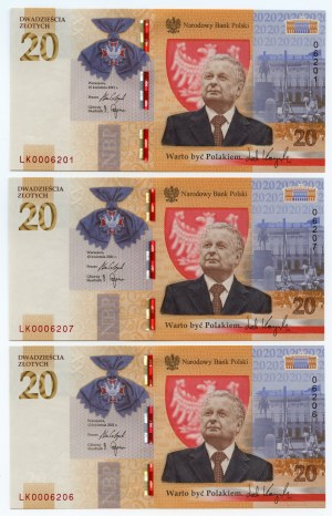 Third Republic, set of 7 banknotes, 20 zloty 2021, Lech Kaczynski, numbers AFTER THE RAILWAY