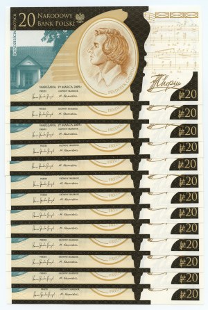 III RP, set of 13 banknotes, 20 zloty 2009, Frederic Chopin