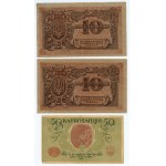 Ukraina, set 4 banknotów, 10, 50 iraz 100 karbowańców 1918