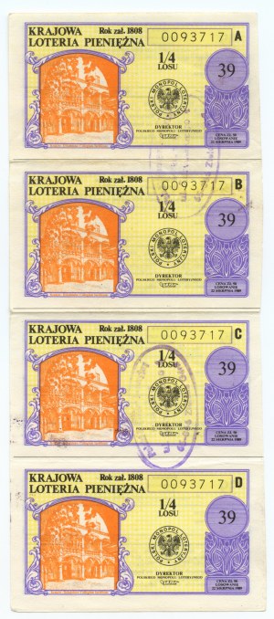 National Money Lottery, set of 4 tickets, 1/4 ticket 1989