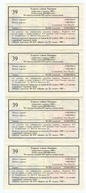 National Money Lottery, set of 4 tickets, 1/4 ticket 1989