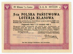 5th Polish State Class Lottery, 1/4 ticket 1922, class IV