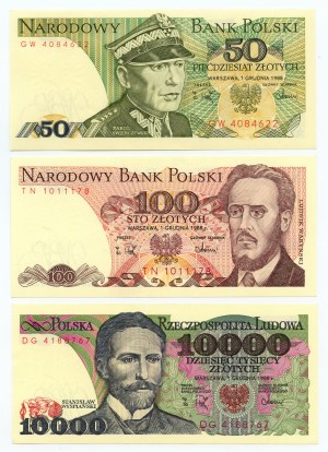 People's Republic of Poland, set of 3 banknotes, 50-10,000 zloty 1988