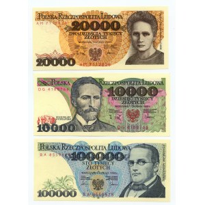 PRL, set 7 banknotów, 20-100.000 złotych 1982-1990