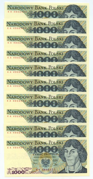 People's Republic of Poland, set of 10 banknotes, 1,000 zloty 1982, KA series