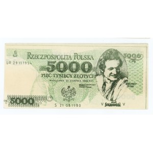PRL, SOLIDARNOŚĆ, 5000 złotych 1980, Zbigniew Bujak, krzywo przycięty, KUKLA 66, Typ 35