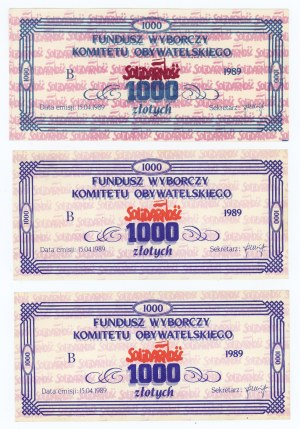 SOLIDARITY, Civic Committee Election Fund, 1,000 zl 1989, set of 3 pieces