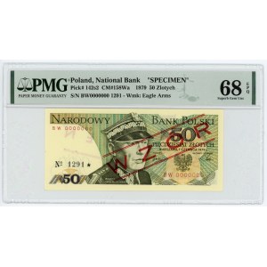 PRL, 50 złotych 1979, seria BW 0000000 - WZÓR/SPECIMEN No 1291*, PMG 68 EPQ, JEDYNY w MAX NOCIE