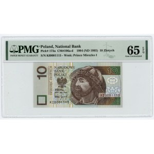 III RP, 10 złotych 1994, seria KI 0001115, PMG 65 EPQ