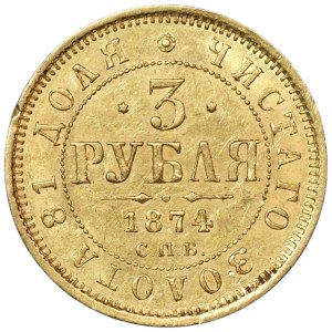 Rosja, Aleksander II, 3 ruble 1874, СПБ HI, złoto