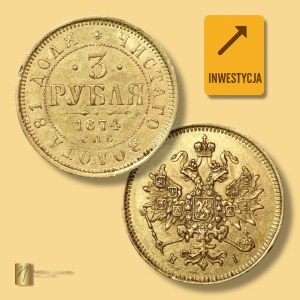 Russia, Alexander II, 3 rubles 1874, СПБ HI, gold