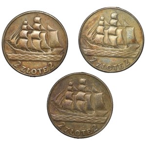 People's Republic of Poland, 2 zloty 1936, Sailing ship, set of 3 pieces