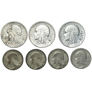 II RP, 5 złotych (1933-1934) oraz 2 złote (1932-1934), Polonia, zestaw 7 sztuk monet