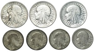 Second Republic, 5 gold (1933-1934) and 2 gold (1932-1934), Polonia, set of 7 coins