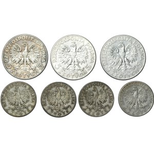 II RP, 5 złotych (1933-1934) oraz 2 złote (1932-1934), Polonia, zestaw 7 sztuk monet