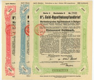 Stuttgart - 1,000, 2,000, 5,000 Goldmark - Set of 3 Historical German Bonds - 1925-1928