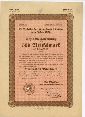 7% Reichsmark 500 bond 1926 based on pure gold - Breslau/Wrocław