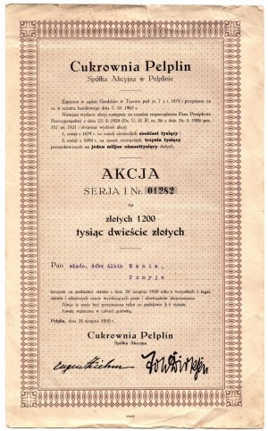 Cukrownia Pelplin S.A., 1,200 zlotys 1930, FIRST time at auction