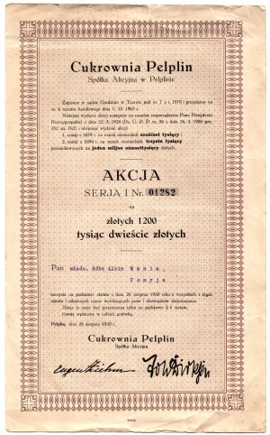 Cukrownia Pelplin S.A., 1,200 zlotys 1930, FIRST time at auction