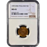 III RP, 5 groszy 1991, NGC MS 65