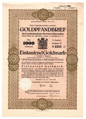 East Prussia gold bond, 1000 Goldmark 1927, Landesbank, early 20th century.