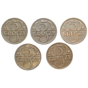 II RP, 5 groszy 1925-1931, zestaw 5 sztuk