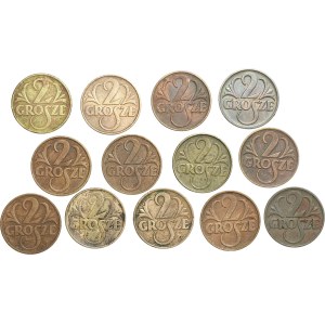 II RP, 2 grosze (1923-1939), zestaw 13 sztuk