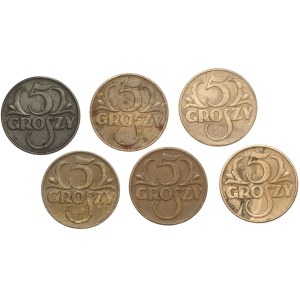 PRL, 5 groszy (1935-1939), zestaw 6 sztuk