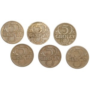 II RP, 5 groszy (1928-1939), zestaw 6 sztuk