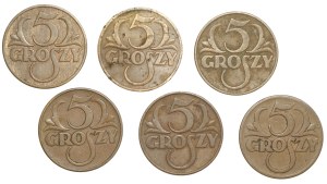 Second Republic, 5 pennies (1928-1939), set of 6 pieces
