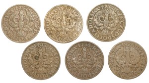 Second Republic, 5 pennies (1928-1939), set of 6 pieces