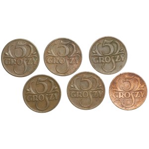 II RP, 5 groszy (1923-1939), zestaw 6 sztuk