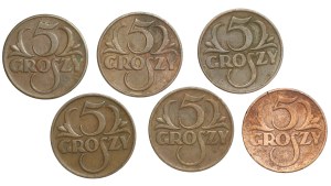 Second Republic, 5 pennies (1923-1939), set of 6 pieces