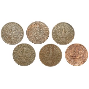 II RP, 5 groszy (1923-1939), zestaw 6 sztuk