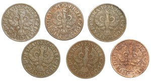 Second Republic, 5 pennies (1923-1939), set of 6 pieces