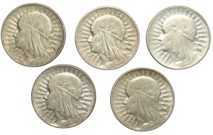 II RP, 5 gold (1932-1934), Polonia, set of 5 pieces