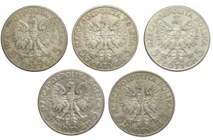 II RP, 5 gold (1932-1934), Polonia, set of 5 pieces