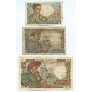 Francja, 5, 10 oraz 50 franków (1941-1945), zestaw 3 sztuk banknotów