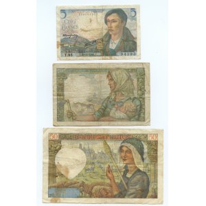 Francja, 5, 10 oraz 50 franków (1941-1945), zestaw 3 sztuk banknotów